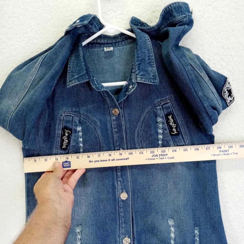 Boom Sequin Hi-Low Hem Denim Jacket Girls Sz 10-12 Blue Distressed - Picture 10 of 14
